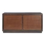 Back view of dresser with two large rectangular wood panels and metal joining strip
