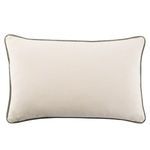 Reverse side of lumbar pillow in solid cream with gray-green piped edges
