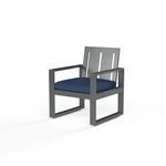 Redondo Dining Chair with wide slat back, linear slate-finished aluminum frame, and blue cushioned seat