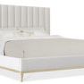 Cascade California King Upholstered Bed with light taupe channeled fabric headboard and oak veneer wood base with tapered ...