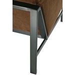 Detailed shot of left rear metal leg showing gunmetal finish and angular frame joints