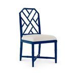 Jardin Side Chair with rich lacquered navy mahogany frame, bamboo-inspired lattice back, and linen drop-in cushion