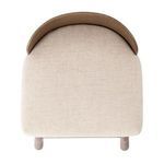 Underneath view of stool seat showing fabric upholstery and wooden leg attachment points