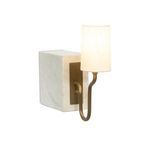 Calla Bookshelf Lamp turned on, glowing warm through white linen shade