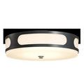 Swale Outdoor Flush Mount with black metal frame and milky white glass illuminated uniformly by integrated LEDs