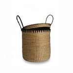 Natural bamboo stool with woven texture, black accented rim, and side handles, compact and sturdy