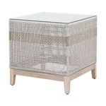 3/4 angled view of woven rope design wrapping the tempered glass top and wooden base of outdoor side table