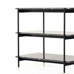Angled side close-up of Jasper Nightstand highlighting iron frame support under black marble shelves