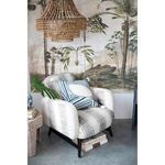 Valencia Beaded Chandelier above a gray and white striped chair with blue patterned pillow and wall mural