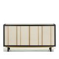 Front view of Deanna Raffia Credenza showing flat door fronts with gold vertical accents and black legs