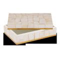 Box with lid slightly open revealing pale colored interior matching the shell exterior