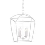 White plastered iron pendant light with four candelabra bulbs inside a thin, open iron cage and hanging chain