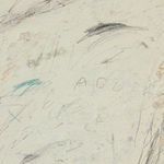 Close-up detail of textured cream background with fine scribbles and marks including letters ‘ADON’