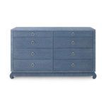 Front-facing view focused on drawer layout with uniform brass ring pulls on navy blue textured drawers