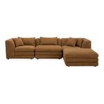 Lowtide Stool Stone Tweed modular sectional in brown textured fabric with layered cushions and multiple throw pillows