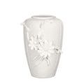 Front view of single hand-thrown vase with daisy floral details and glossy porcelain finish