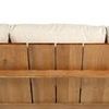 Close-up from back highlighting straight teak slats and natural wood tones on sofa frame