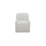 Maisie rolling dining chair with padded seat and curved back in soft light gray fabric upholstery