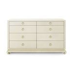 Front view of dresser showing symmetrical arrangement of eight drawers with uniform brass ring pulls