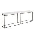 Watts Console Table angled side view highlighting slim metal base and thickness of white tabletop