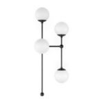Side view of Armstrong 4 R Sconce showing arrangement of four white matte globes on vertical and horizontal rods