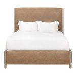 Emmett Standard King Bed with tan upholstered curved headboard and matching footboard, white bedding and two pillows