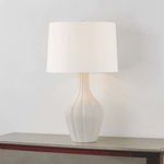 Glendora Table Lamp shown lit, highlighting the linen shade glowing softly