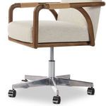 Side-angle close-up showing oak armrest curvature and beige fabric upholstery texture