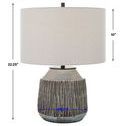 Neolithic Blue Gray Table Lamp with dimension lines showing height and width measurements of base and lampshade