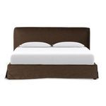 Three-quarter view of queen bed with brown linen slipcover and white mattress