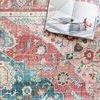 Detailed close-up showing Skye Brick / Ocean Rug texture and color near open book with flower image