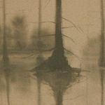 Detail close-up of muted tree reflections on canvas with visible texture