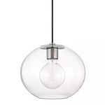 Large pendant light with clear glass globe and exposed bulb suspended by black cord and silver metal fixture