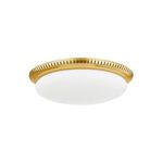 Round Deco flush mount ceiling light with large opal shiny glass shade and aged brass perforated mount