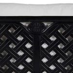 Close-up shot of decorative floral detail at center of sofa's black aluminum back