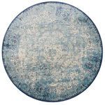 Round version of Anastasia rug in light blue and ivory with the same distressed, traditional ornate design