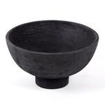 Turned pedestal bowl with carbon black finish made from mixed reclaimed woods, rounded shape on solid pedestal base