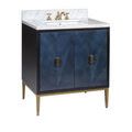 Close-up detail of sycamore veneer door texture and brass hardware on blue vanity
