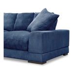 Close-up of Plunge Sofa armrest and pillow showing detailed vertical corduroy texture