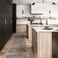 Long runner version of the Giada Silver / Multi Rug laid out in a modern kitchen with light wood cabinetry and dark wall p...