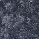 Deep blue wallpaper with intricate tonal floral and leaf patterns inspired by historic artwork