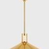 Clermont Pendant with sharply tapered brass conical shade and alabaster diffuser, suspended by a brass rod