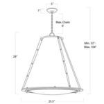 Line drawing technical diagram showing dimensions and max/min hanging length of French Maid chandelier