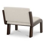 Back view highlighting clean upholstery, dark wood frame wrapping around back and legs