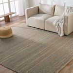 Area rug placed in bright room on wooden floor with beige sofa and woven ottoman styling