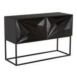 Zurich Console angled front-right view highlighting carved geometric door patterns and metal leg frame