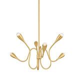 Aged brass Anaise chandelier with six curved arms and exposed G16½ bulbs resembling flower buds