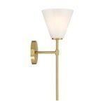 Wall sconce angled to show profile of brass backplate and arm holding the swirling glass shade