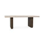 82-inch rectangular dining table with block-styled vertical ridged dark wood legs and a light laminate top