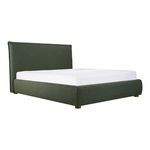 Three-quarter angle of Luzon Bed with white mattress showing frame curves and wood legs